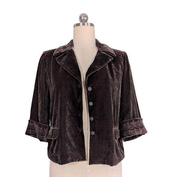 Tahari Velvet Topper Jacket Blazer 10 Brown Embroidery Whimsigoth Boho Lagenlook - Picture 5 of 10